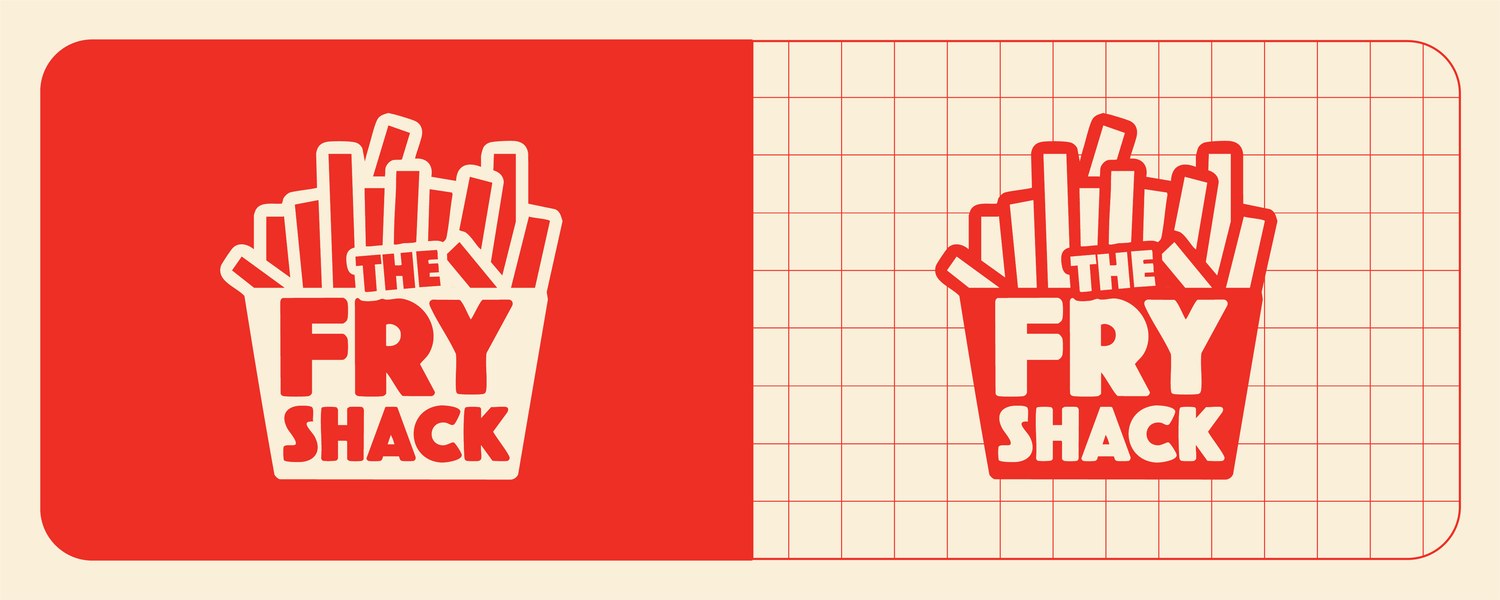 Fry Shack final logo on red and grid paper backgrounds